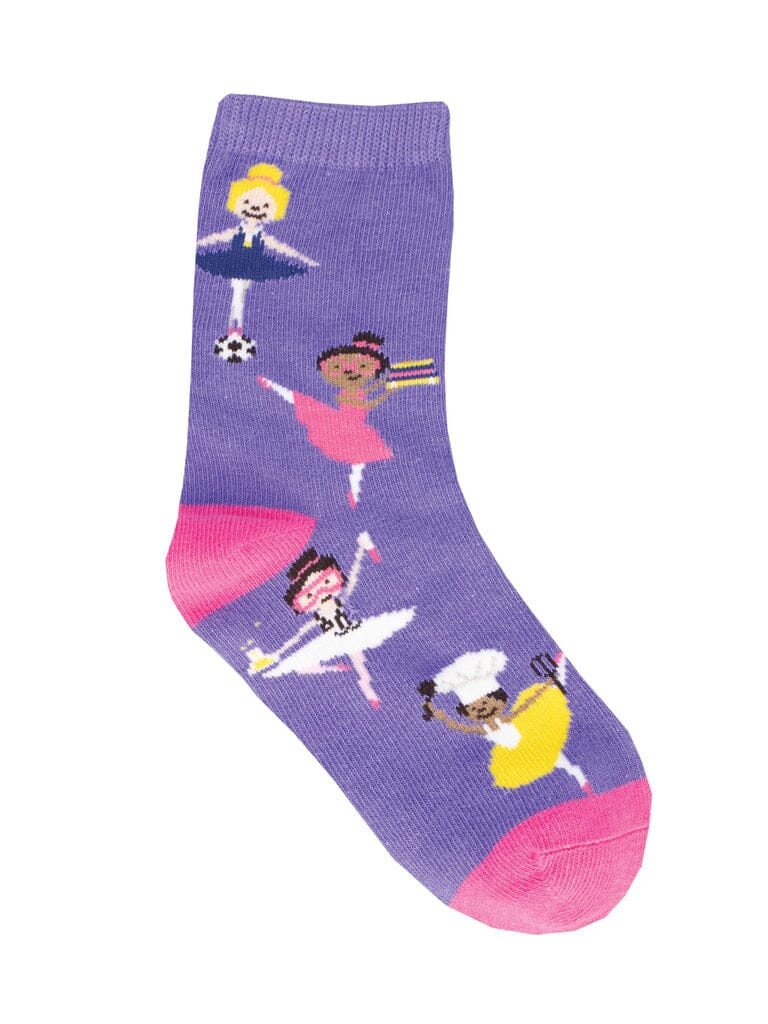 Kids' girl power crew socks, flat lay showing ballerinas with soccer, science and chef gear on purple