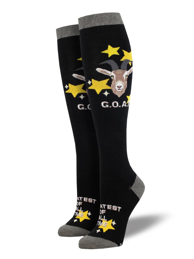 Women's G.O.A.T. knee high socks in black with a goat and gold stars, flat product shot