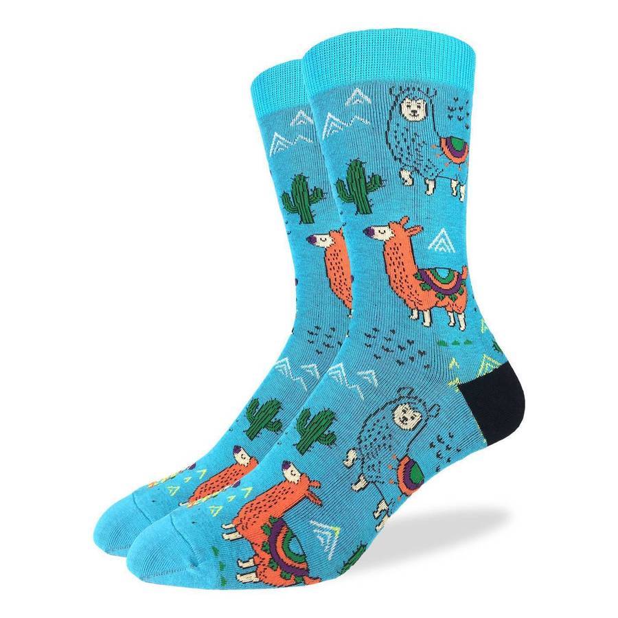 Men's fun llama crew socks shown as a pair on turquoise with orange llamas, green cacti, mountains and a black heel