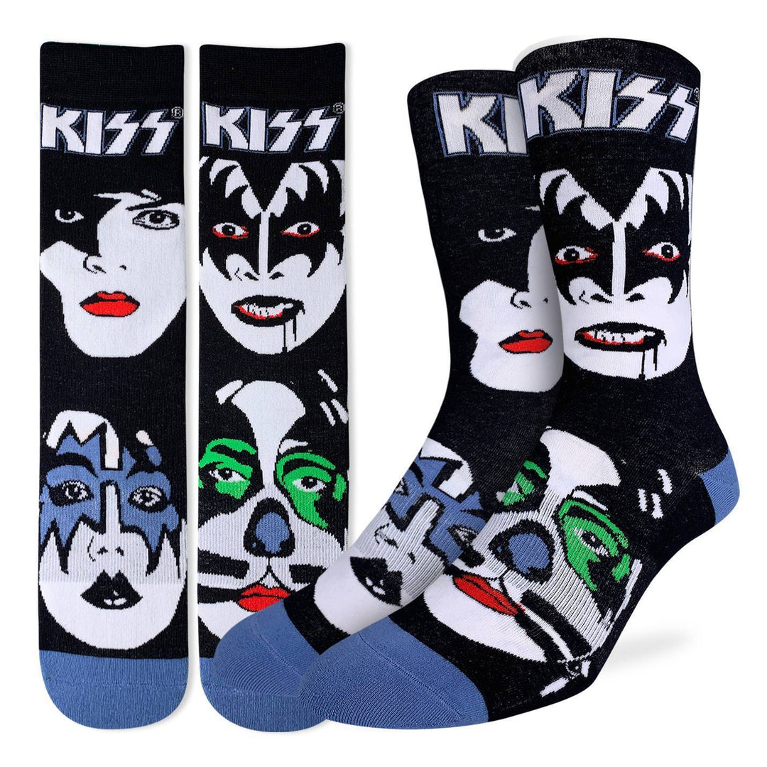 Men's KISS crew socks shown flat and on foot forms, with the four painted band members' faces and KISS logo on black