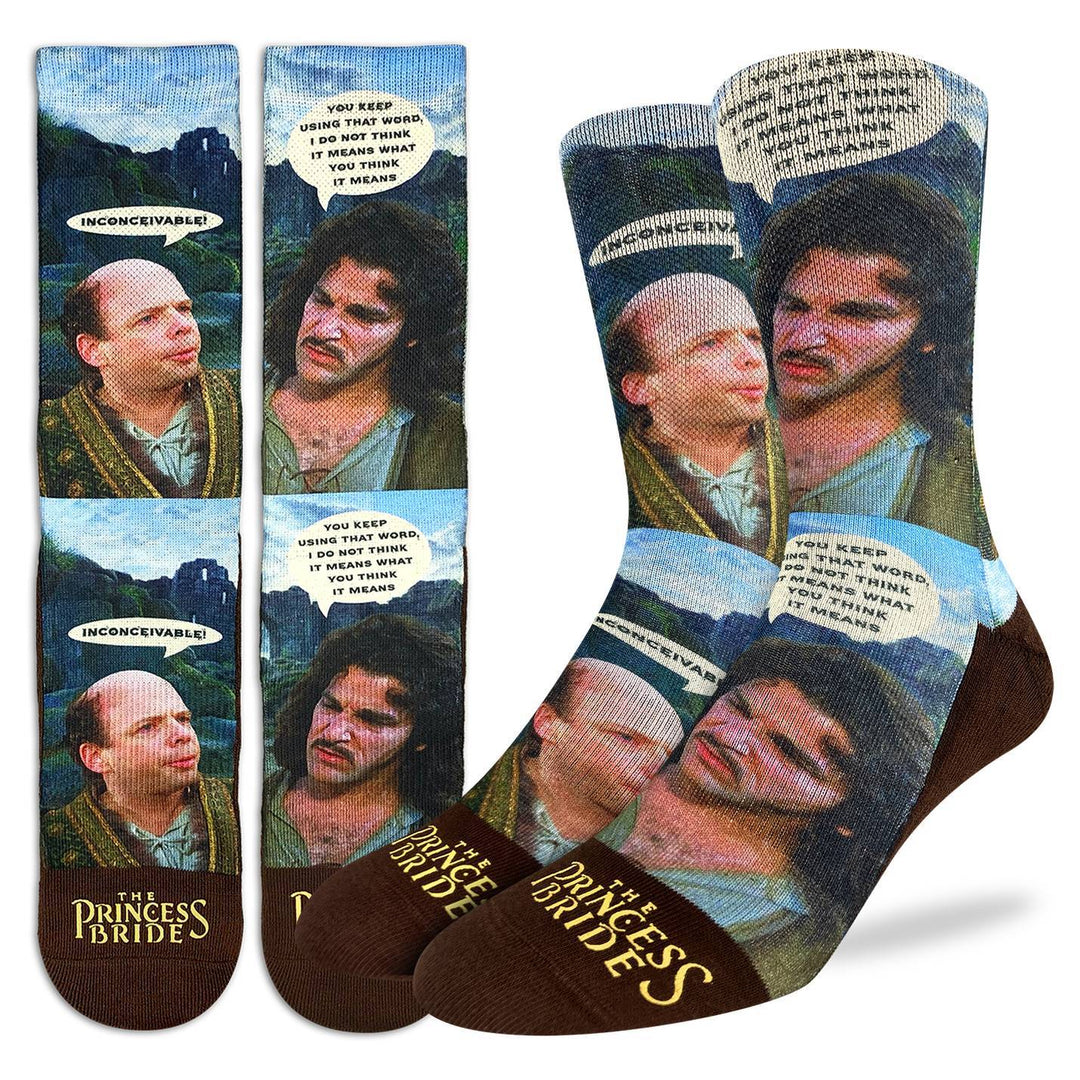 Men's crew socks printed with Princess Bride movie scenes and the word Inconceivable