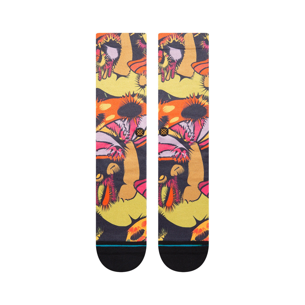 Top-down view of the Gooey mushroom crew socks showing the colorful fungi pattern
