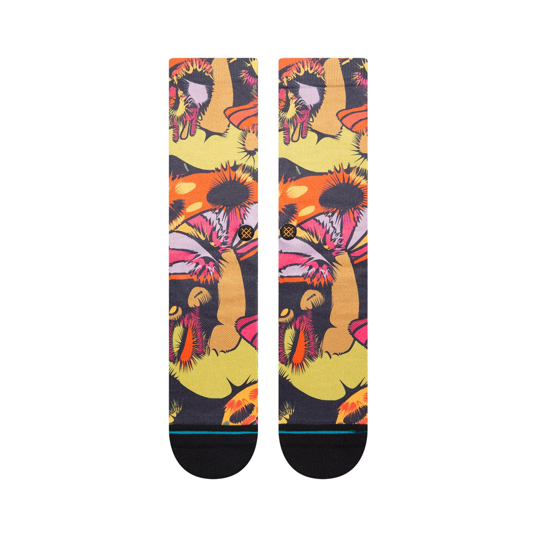 Top-down view of the Gooey mushroom crew socks showing the colorful fungi pattern