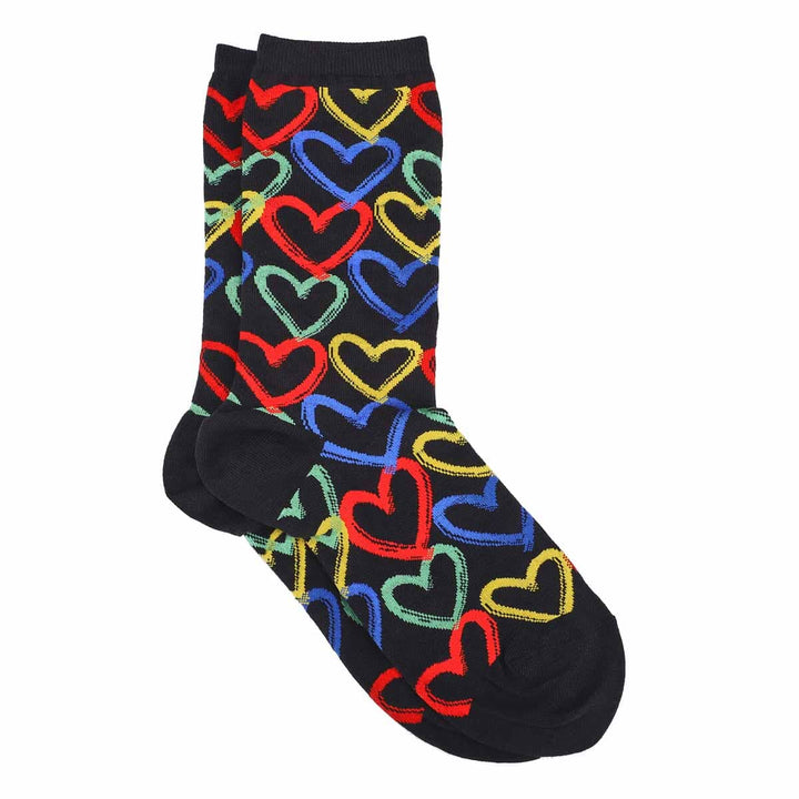 Flat-lay pair of black graffiti hearts crew socks displaying the colorful sketched heart pattern