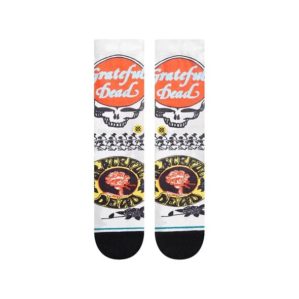 Back view of the Grateful Dead socks showing the steal-your-face skull, dancing skeletons row, and roses emblem