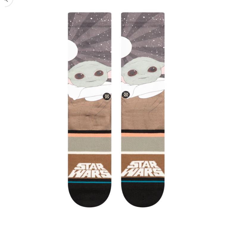 Men's Grogu crew socks, flat back view with the character and striped foot