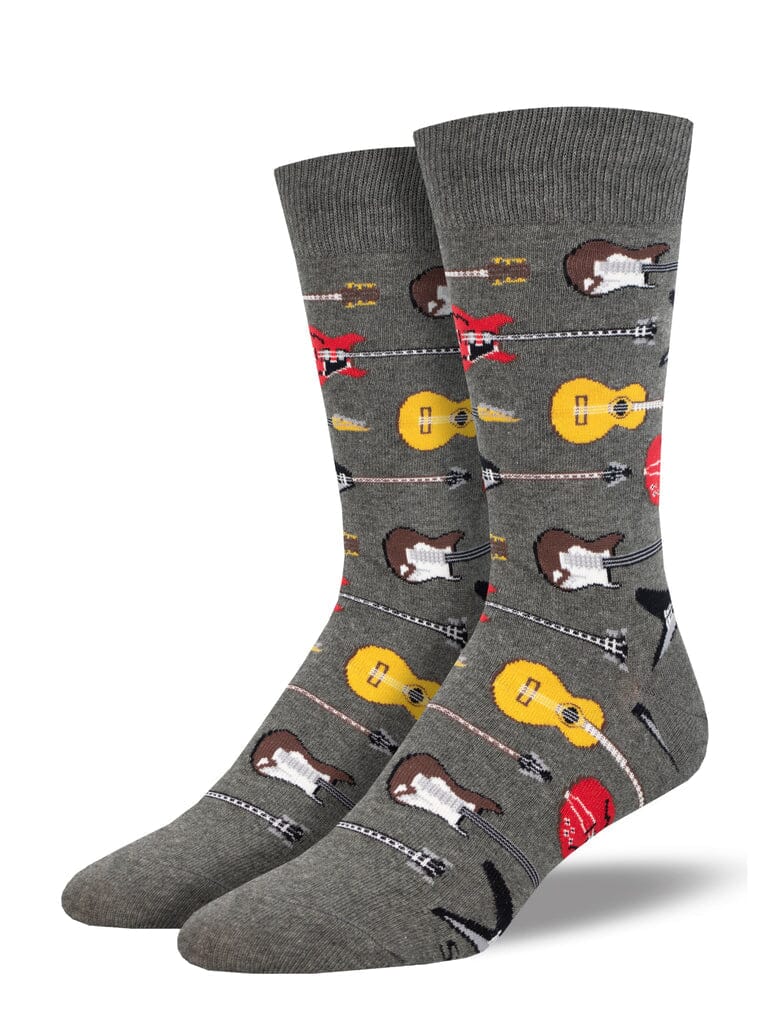 Men's guitar riff crew socks in grey with electric and acoustic guitars, flat product shot