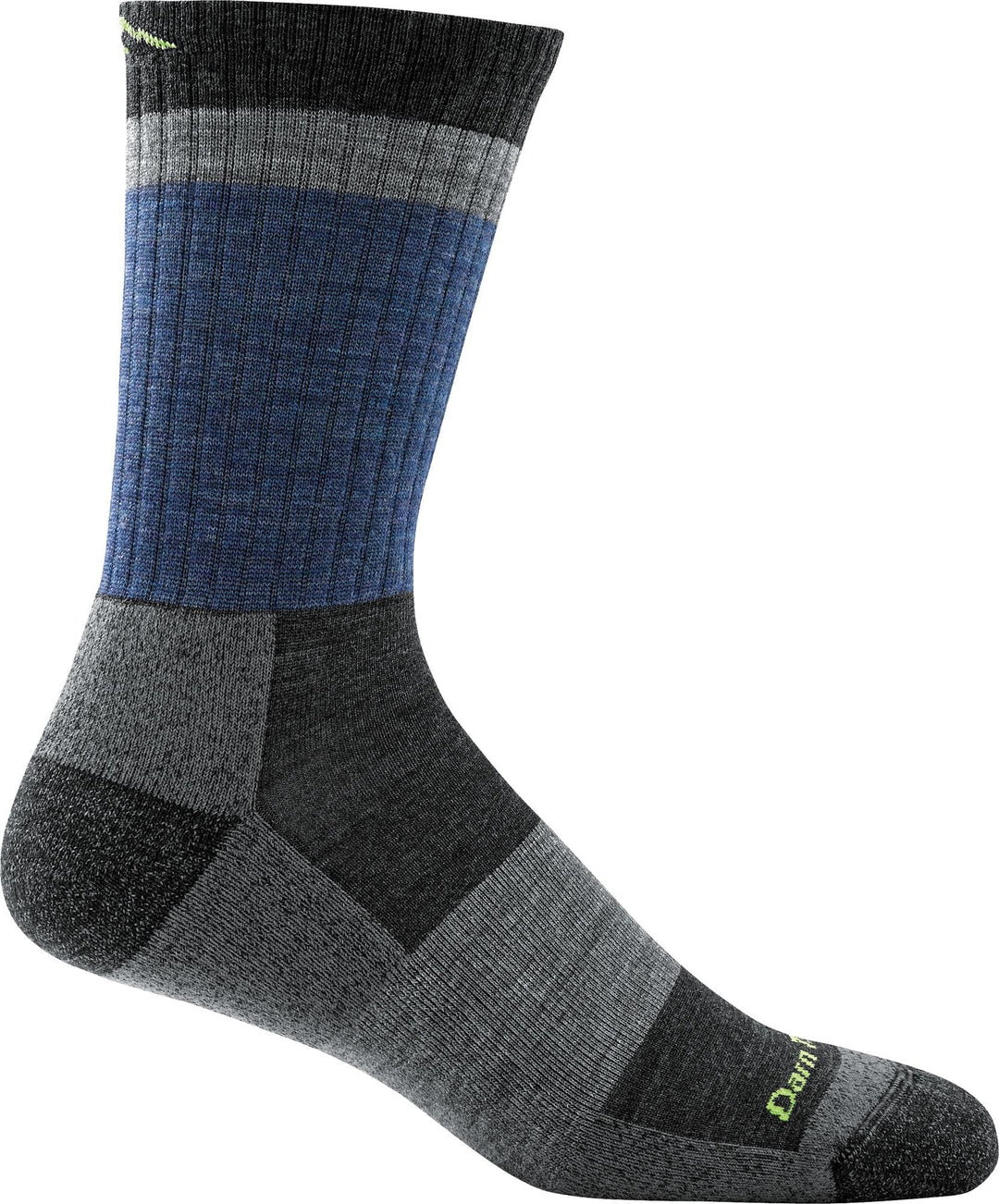 Men's blue and charcoal micro crew hiking sock with stripe band, flat side view