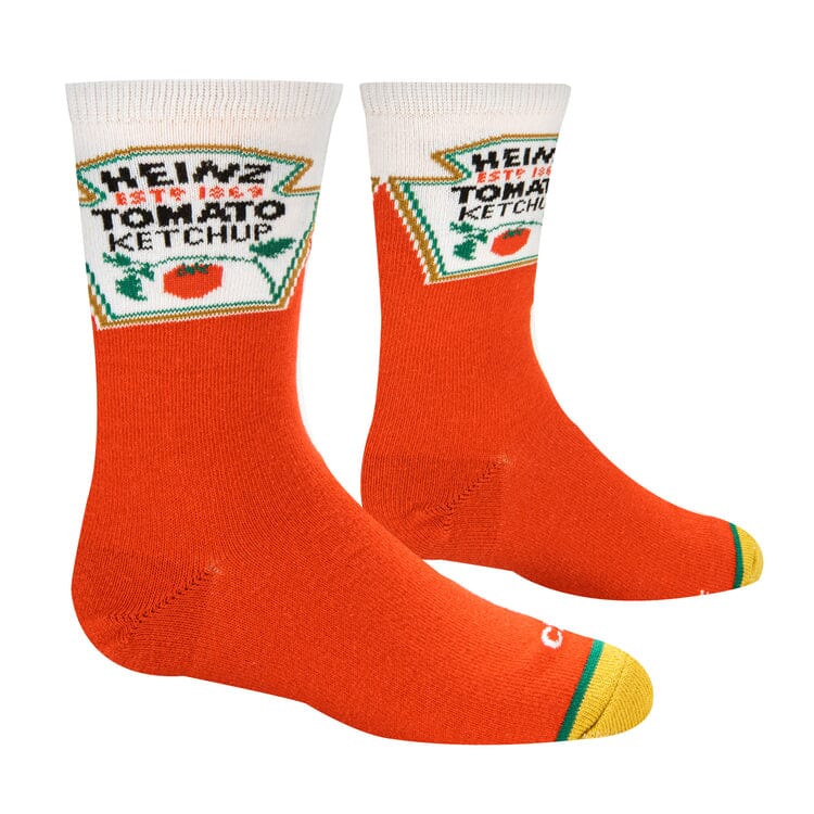 Top-down view of the Heinz Ketchup socks showing the full label and red foot
