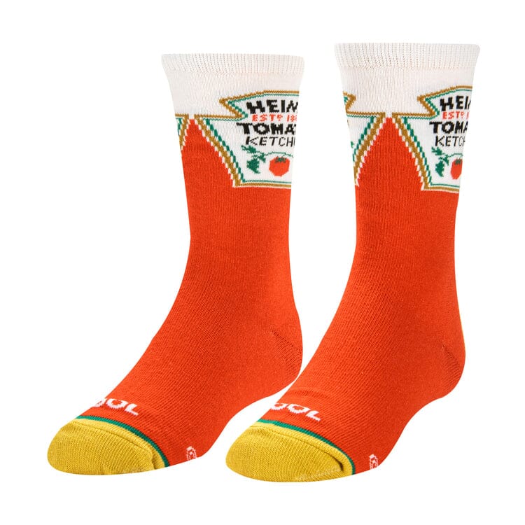 Kids' red crew socks with a cream cuff featuring the Heinz Tomato Ketchup label and a yellow toe