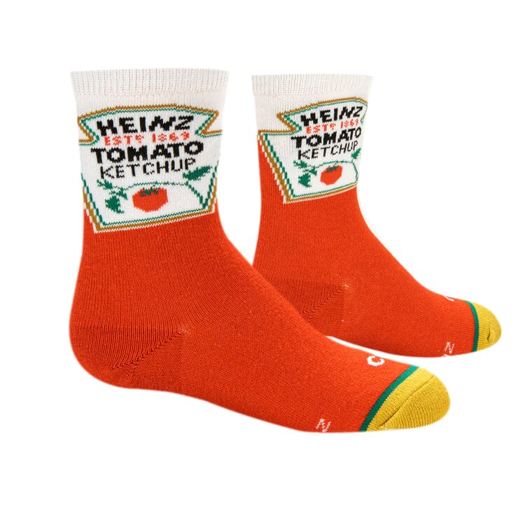 Top-down view of the Heinz Ketchup socks showing the full label and red foot
