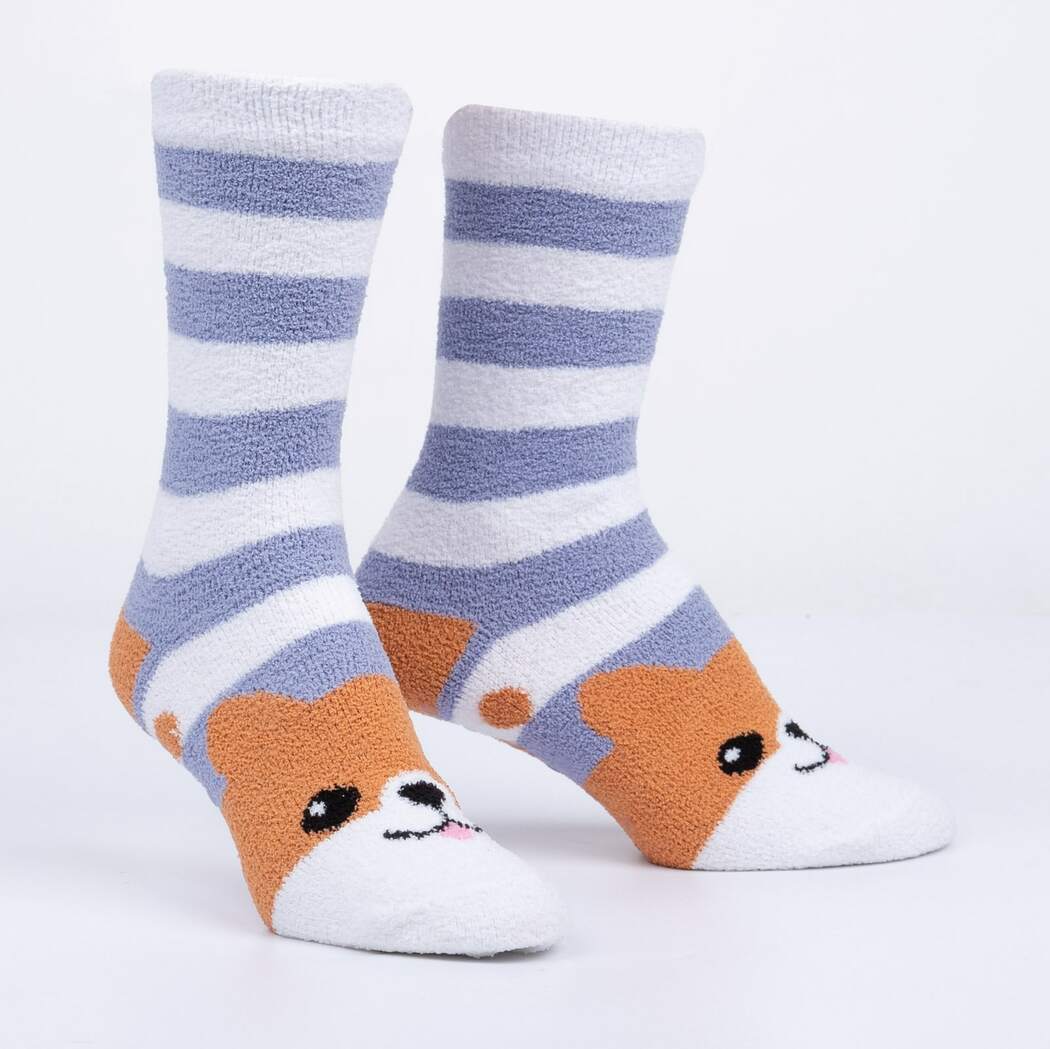 Pair of fuzzy periwinkle striped slipper socks with a corgi face on the toe, display view