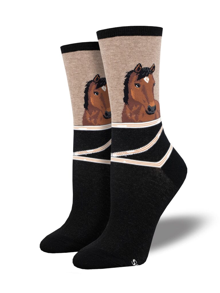 Women's Hey Neigh-Bor crew socks in tan and black with a chestnut horse, flat product shot