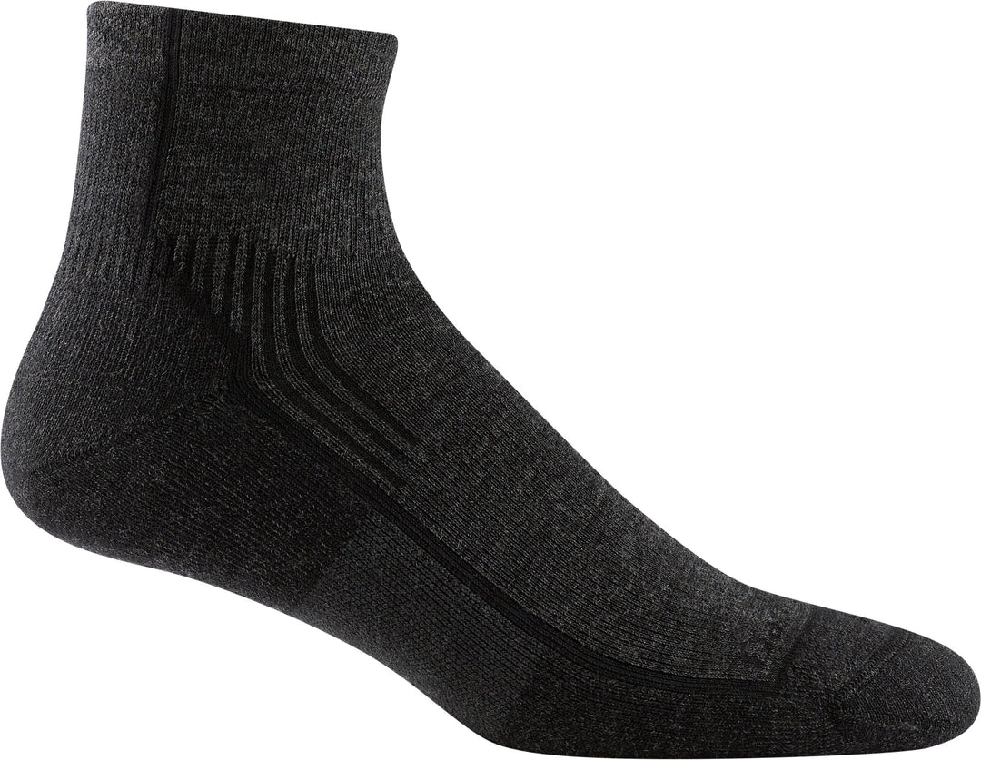 Men's Hiker quarter crew sock flat side view in heathered charcoal and black