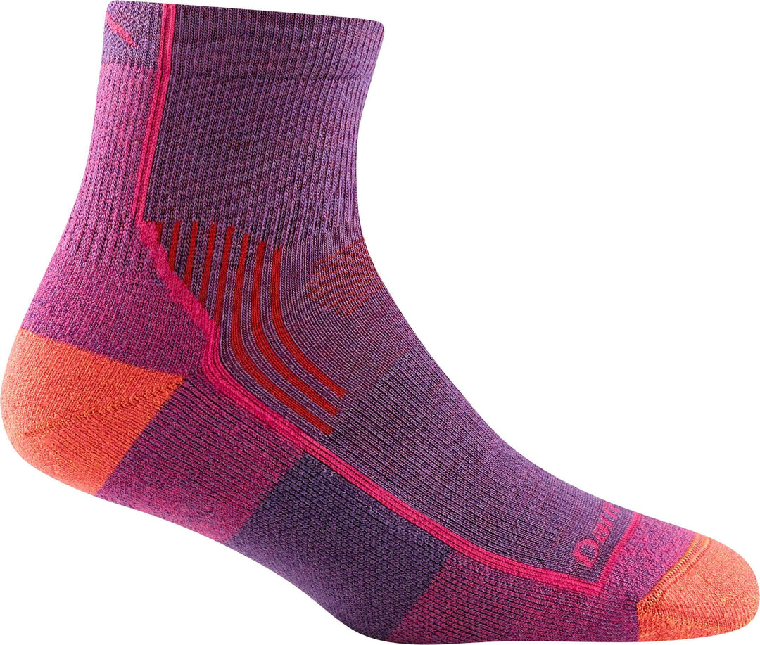 Women's purple and magenta quarter hiking sock with orange heel and toe, flat side view