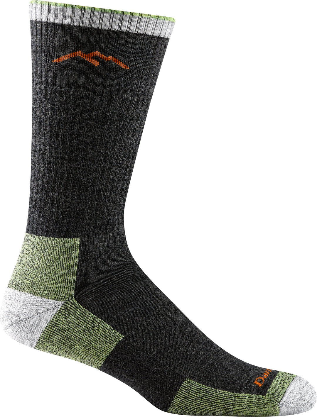 Men's black and lime boot-height hiking sock with mountain logo, flat side view