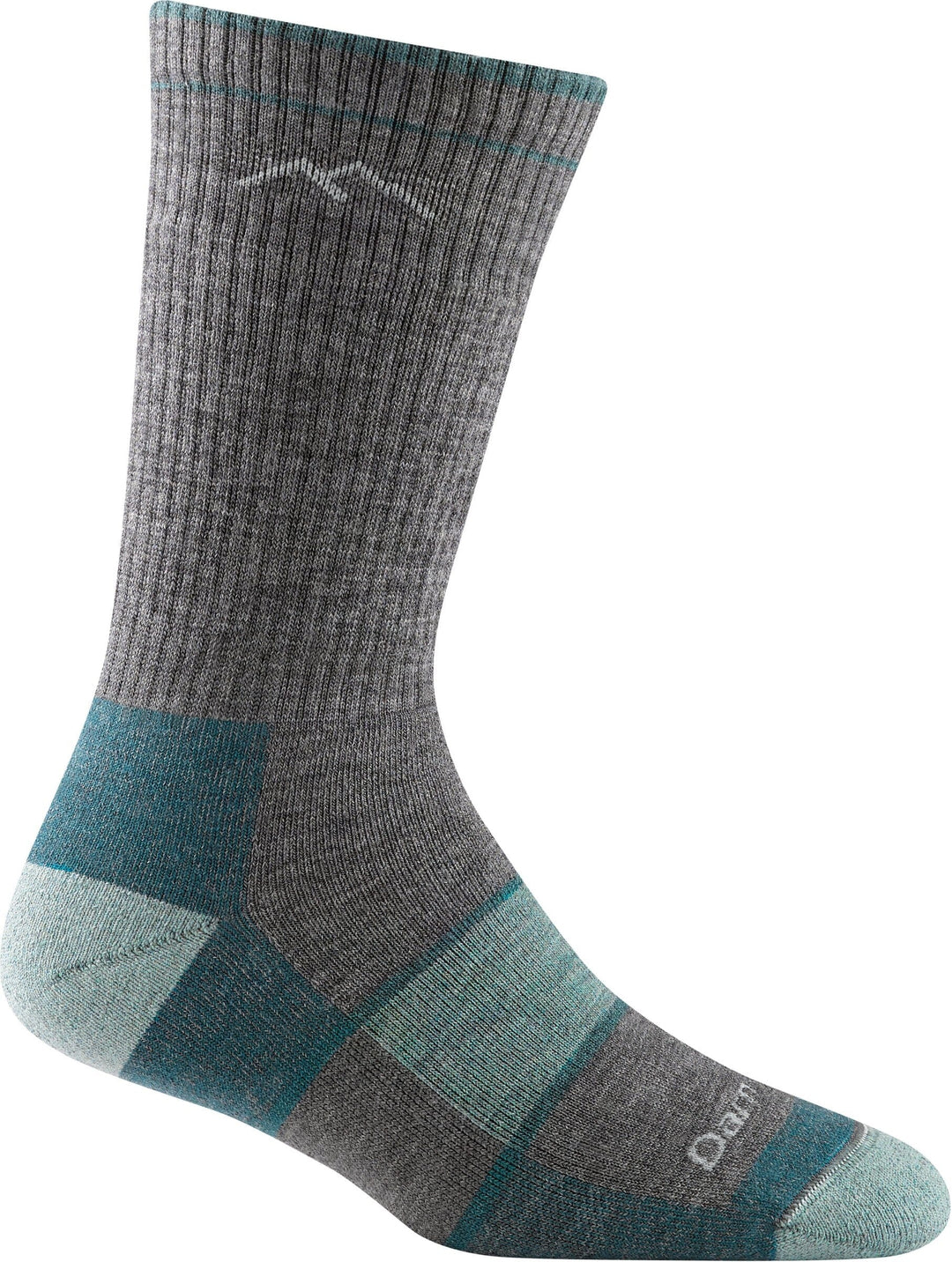 Women's midweight hiker boot sock in grey with teal heel and toe, single sock product shot