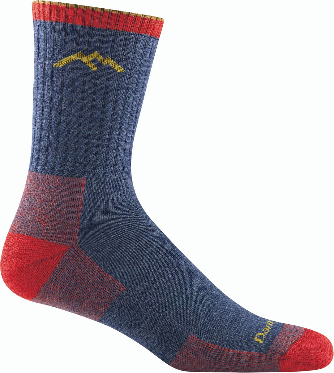 Men's denim blue micro crew hiking sock with red heel and toe, flat side view