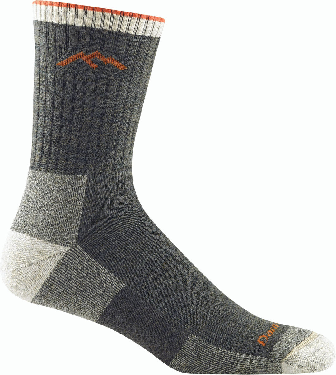 Men's charcoal and gray micro crew hiking sock with orange accents, flat side view