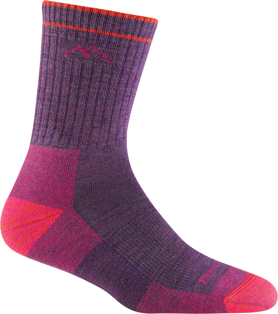 Women's purple micro crew hiking sock with coral and orange accents, flat side view