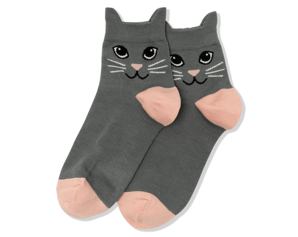 Gray women's cat ankle socks with kitty ears, embroidered face, and pink heel and toe