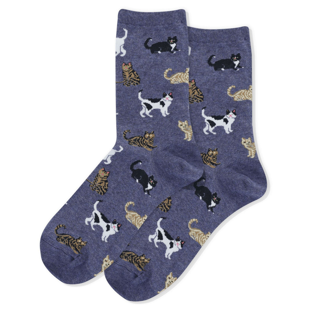 Pair of heather blue women's Classic Cats crew socks displayed flat, with assorted tabby, tuxedo, calico, and ginger cats