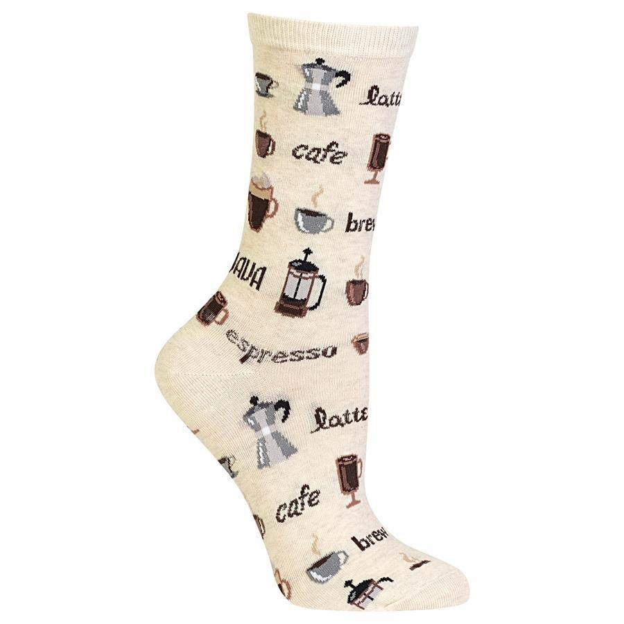 Cream women's crew sock printed with coffee pots, mugs, and words like latte and espresso