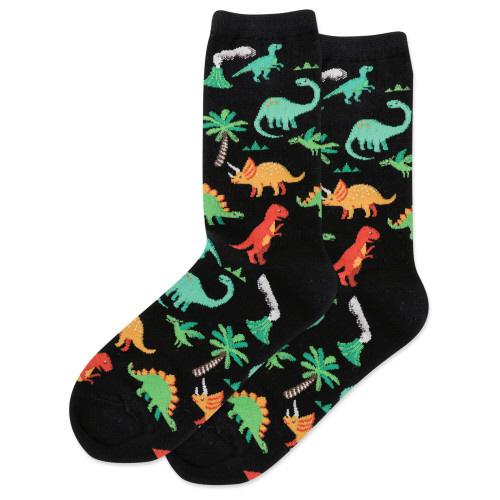 Women's sky-blue crew sock with pink, magenta and green dinosaurs, palm trees and volcanoes