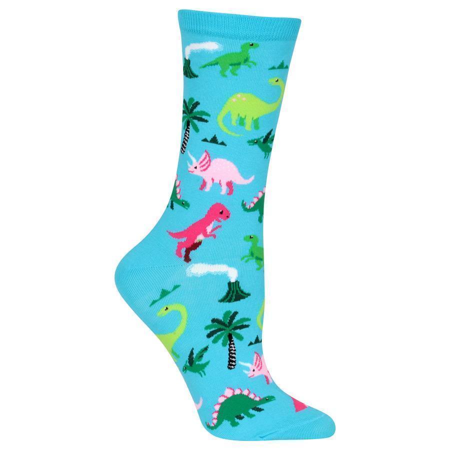 Second blue dinosaur sock view showing the triceratops and T-rex across the front