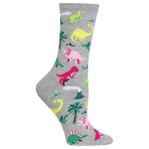 Gray-background variant of the dinosaur crew sock showing pink and yellow dinos