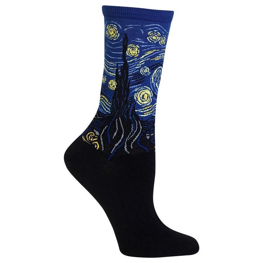 Blue and black women's crew sock featuring Van Gogh's Starry Night with swirling stars