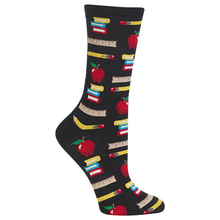 Black women's crew sock with an all-over print of red apples, wooden rulers, and pencils