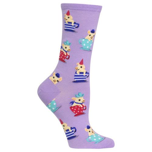Purple-background variant of the teacup pig sock showing piglets in red, blue and teal cups