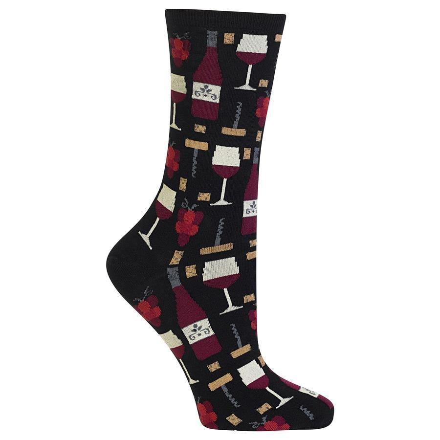 Black women's crew sock with wine bottles, glasses, corkscrews, and grapes