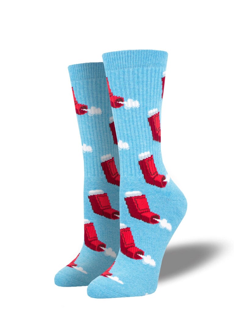 Men's huffing and puffing athletic crew socks, flat lay showing red punching speed bags on light blue with clouds