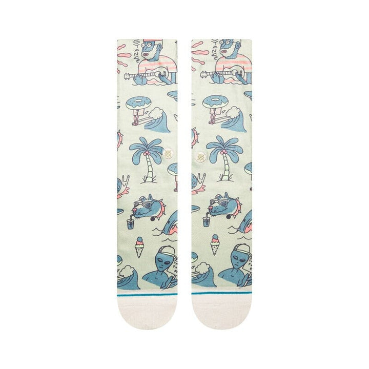 Back view of the Hunger crew socks showing more surf doodles, palm trees, and lounging alien characters