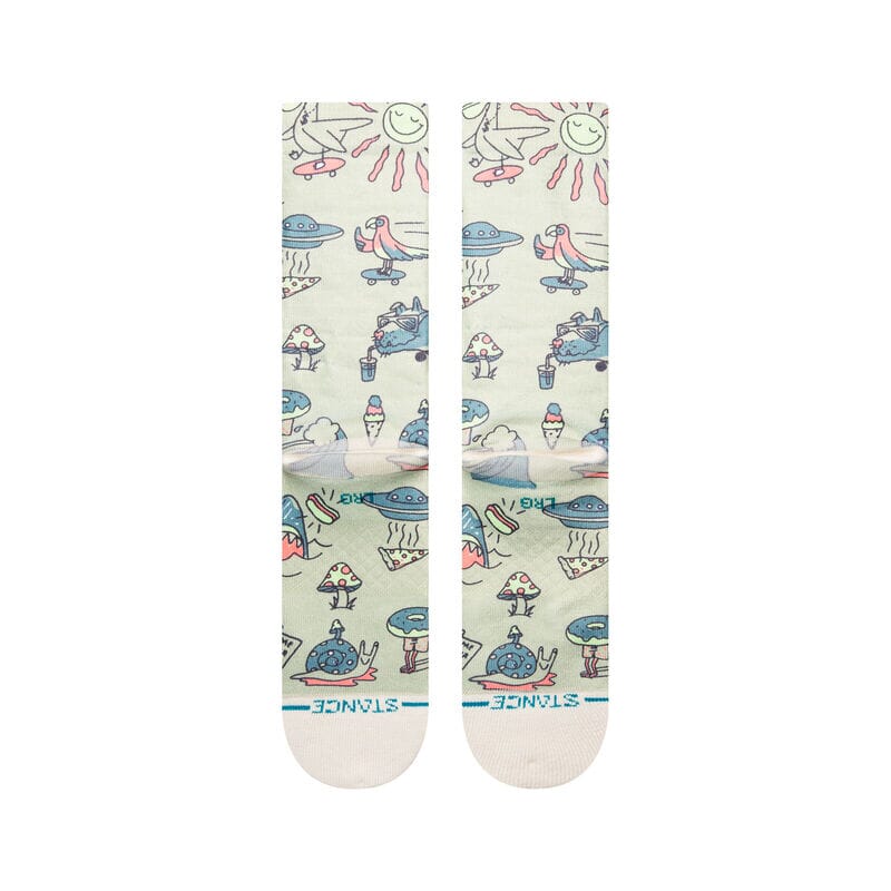Detail view of the Hunger socks showing the sun, skateboarding bird, UFOs, and beach doodles