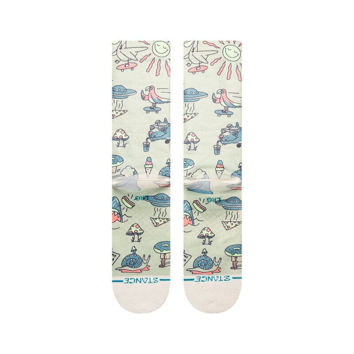 Detail view of the Hunger socks showing the sun, skateboarding bird, UFOs, and beach doodles