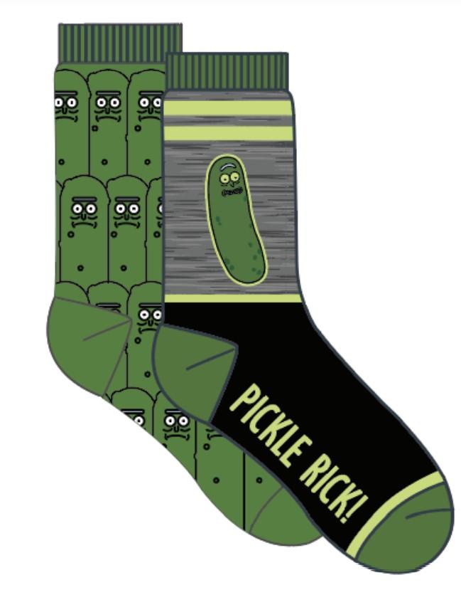 Two pairs of men's green Pickle Rick crew socks shown flat, one with rows of pickle faces and one with Pickle Rick in a jar and bold lettering