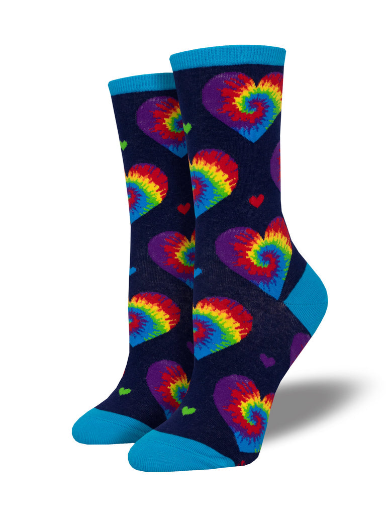 Pair of women's navy crew socks with rainbow tie-dye spiral hearts and turquoise cuffs, heels, and toes