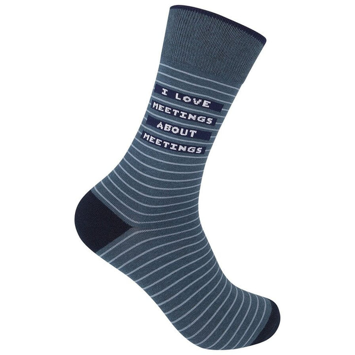 Slate-blue striped crew sock with navy cuff and heel and pixel text reading I Love Meetings About Meetings, on a foot form