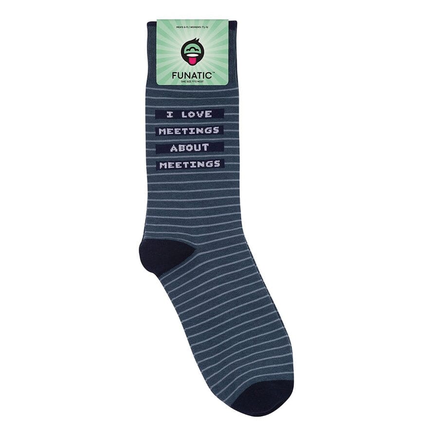 Flat striped sock with green Funatic packaging label and full I Love Meetings About Meetings text visible
