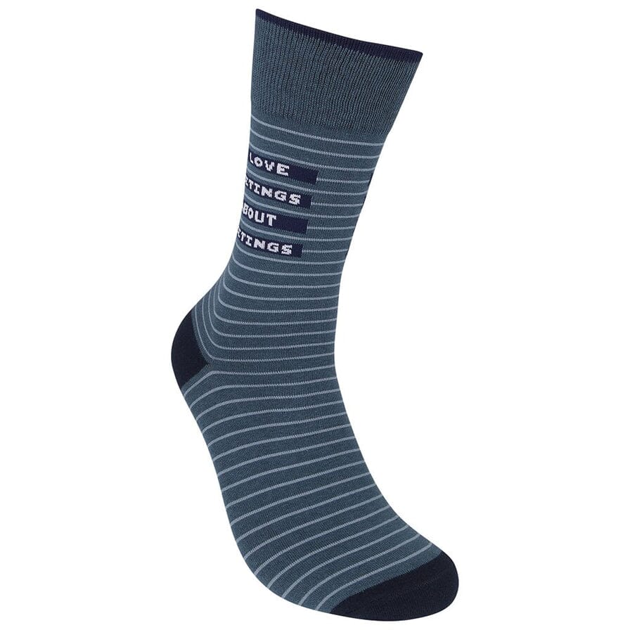 Side angle of the same striped sock showing the meetings text partly wrapping around the leg