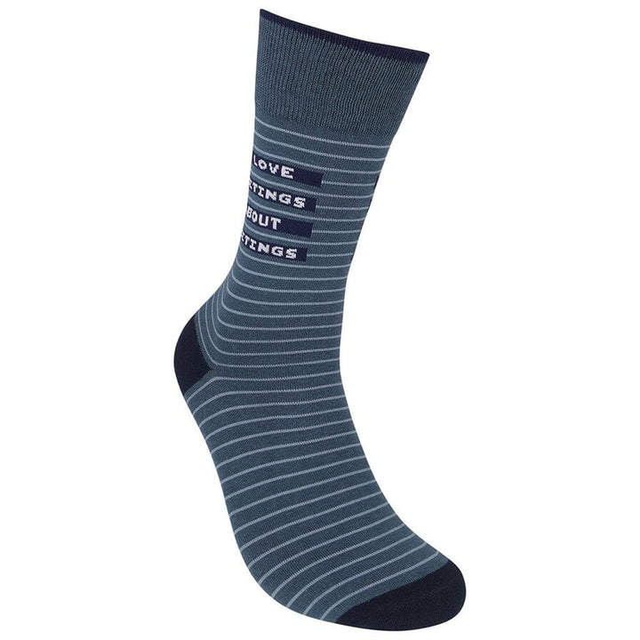 Side angle of the same striped sock showing the meetings text partly wrapping around the leg