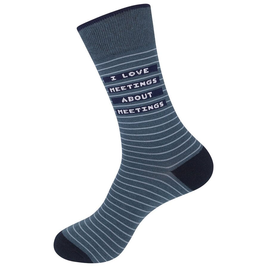 Single striped meetings sock laid flat showing the full text and navy striped cuff