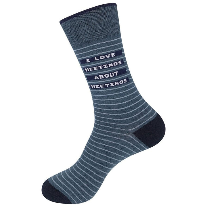 Single striped meetings sock laid flat showing the full text and navy striped cuff
