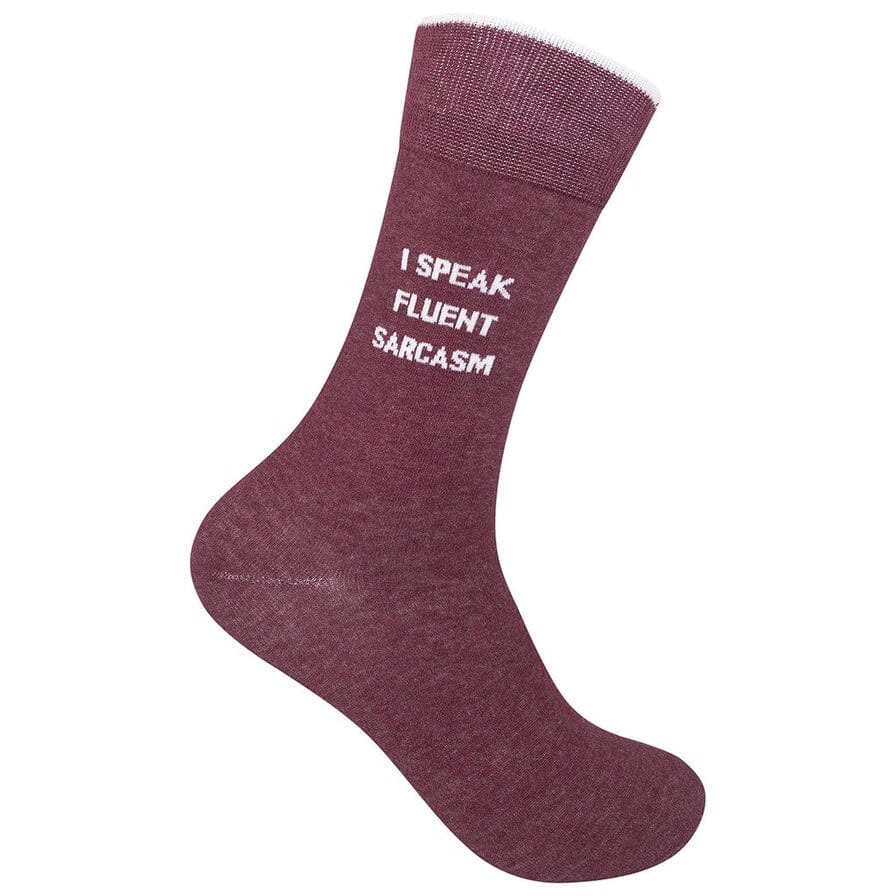 Heather burgundy crew sock with white text reading I Speak Fluent Sarcasm and a white-trimmed cuff, on a foot form