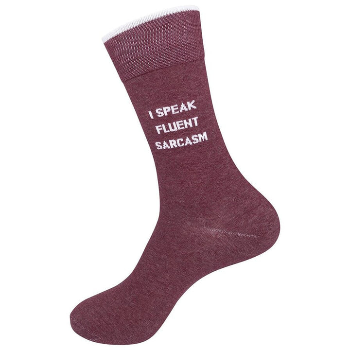 Angled burgundy sarcasm sock with the full I Speak Fluent Sarcasm text visible