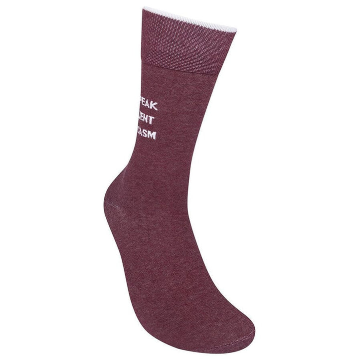 Side view of the burgundy sarcasm sock showing the lettering partly wrapped around the leg