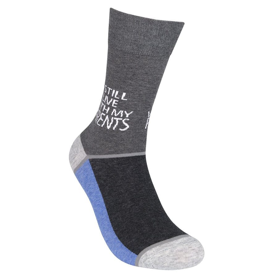 Side view of the gray saying sock with charcoal heel and blue toe accent